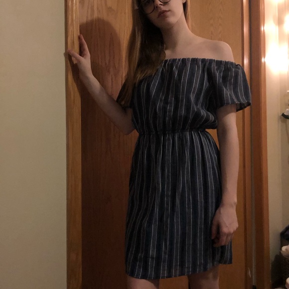 Striped Blue Off the Shoulder Dress - Picture 1 of 4